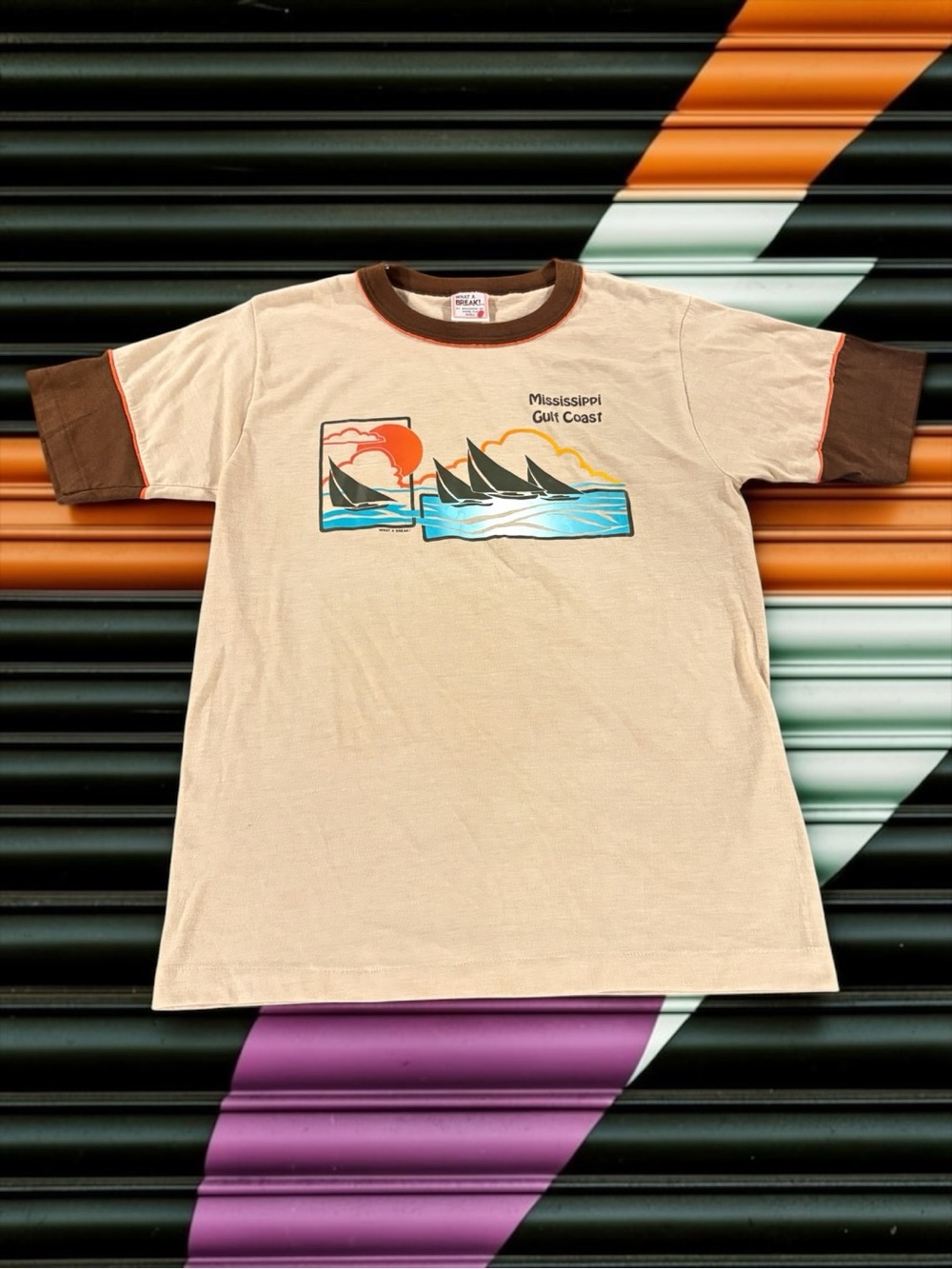 Vintage 70s Size Small Mississippi Gulf Coast Sailboat Ringer Tee By Breakaway